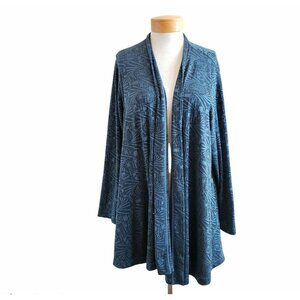 Brylane Woman Geometric Print Stretchy Slinky Travel Blue Waterfall Cardigan L